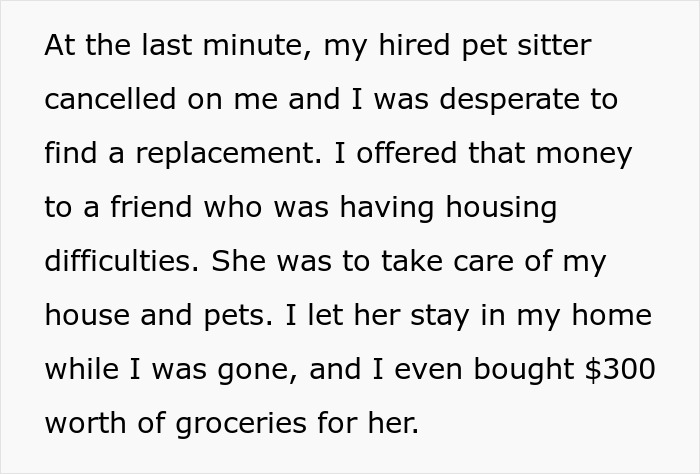 Text excerpt about woman letting friend stay during surgery recovery and providing groceries while away.