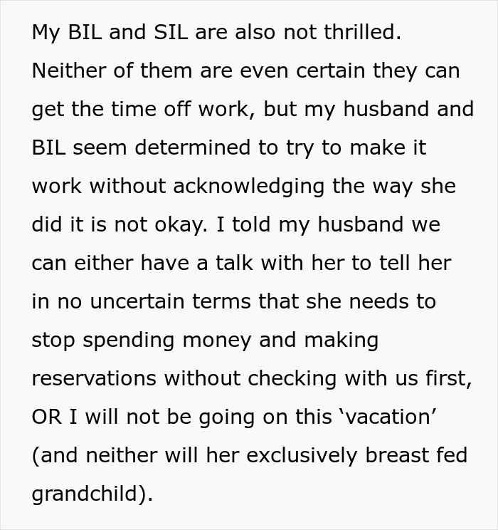 Text excerpt discussing a daughter-in-law frustrated with overbearing MIL making plans and spending without consultation. Text excerpt discussing a daughter-in-law frustrated with overbearing MIL making plans and spending without consultation.