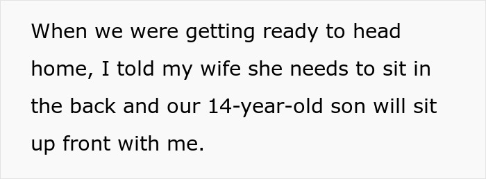 Text excerpt about husband banning wife from the front seat after anxiety meltdown risk during a car trip. Text excerpt about husband banning wife from the front seat after anxiety meltdown risk during a car trip.