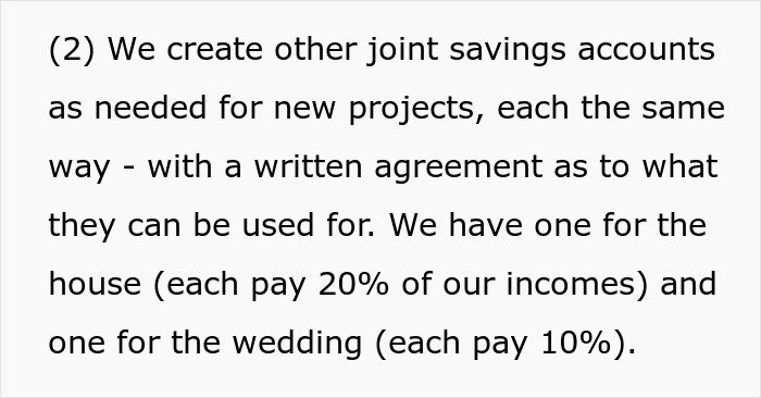 Text about creating joint savings accounts for house and wedding expenses managed by fiance with agreed money contributions. Text about creating joint savings accounts for house and wedding expenses managed by fiance with agreed money contributions.