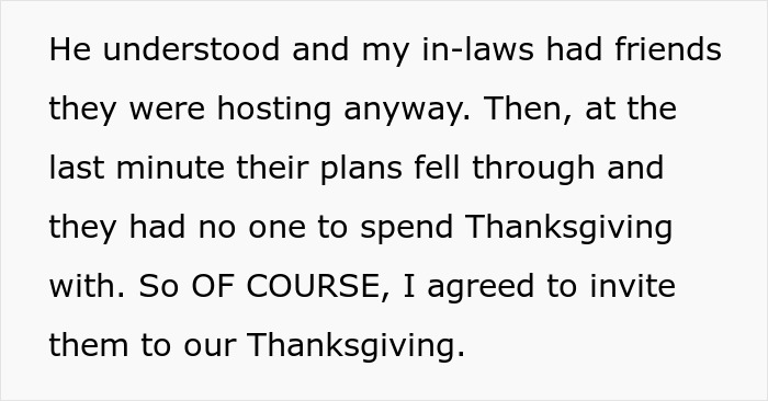 Text excerpt about woman inviting guests to Thanksgiving after others flaked, highlighting conflict with MIL&rsquo;s Thanksgiving plans.