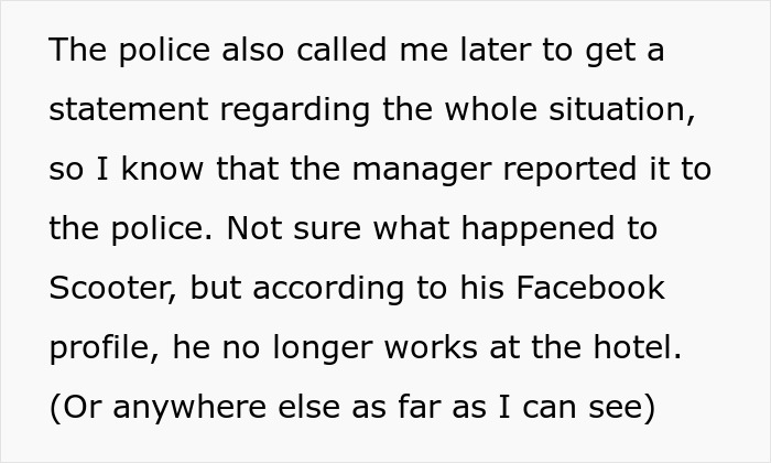 Text excerpt discussing police involvement and a hotel receptionist reporting a scammer in a $2k laundering attempt.