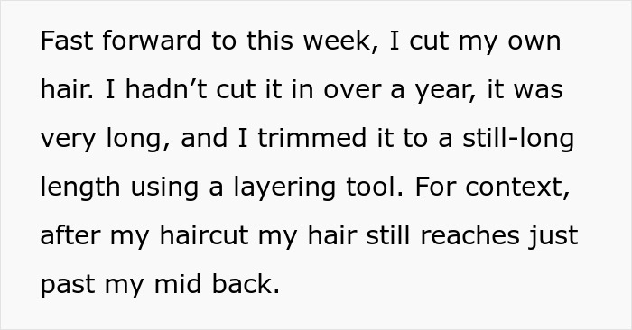 Text excerpt discussing personal autonomy in hair care, highlighting the act of cutting hair independently after over a year.