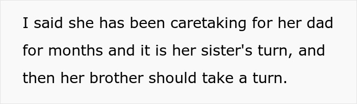 Text on a white background about caretaking duties, highlighting a woman complaining about her sister-in-law despite staying with her for free.