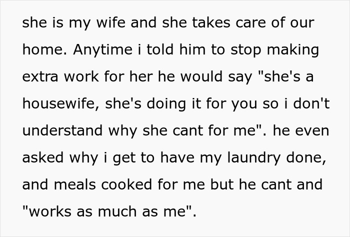 Text excerpt showing a man using mental issues as an excuse to mistreat his sister-in-law, displaying entitled behavior.