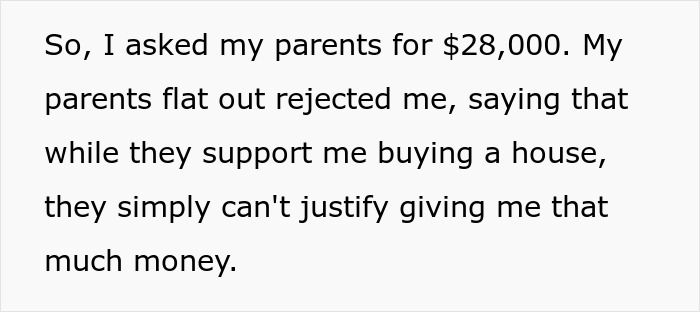 Screenshot of text about asking parents for $28,000 and parents house payment rejection Screenshot of text about asking parents for $28,000 and parents house payment rejection