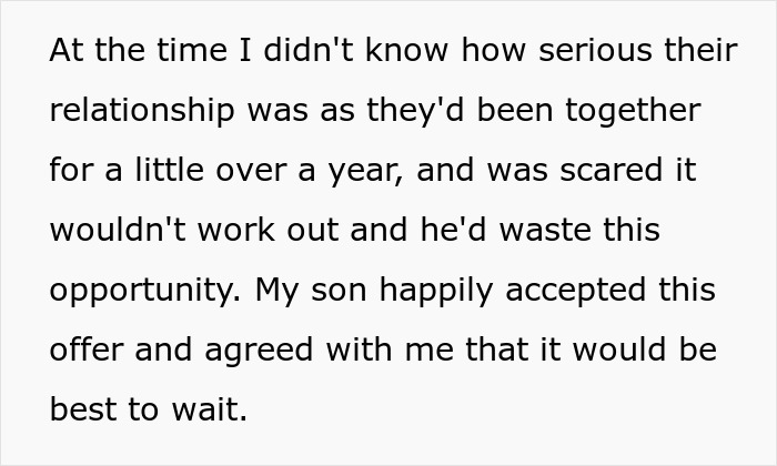 Text excerpt showing a mom urging son not to marry girlfriend straight after high school to avoid future issues. Text excerpt showing a mom urging son not to marry girlfriend straight after high school to avoid future issues.