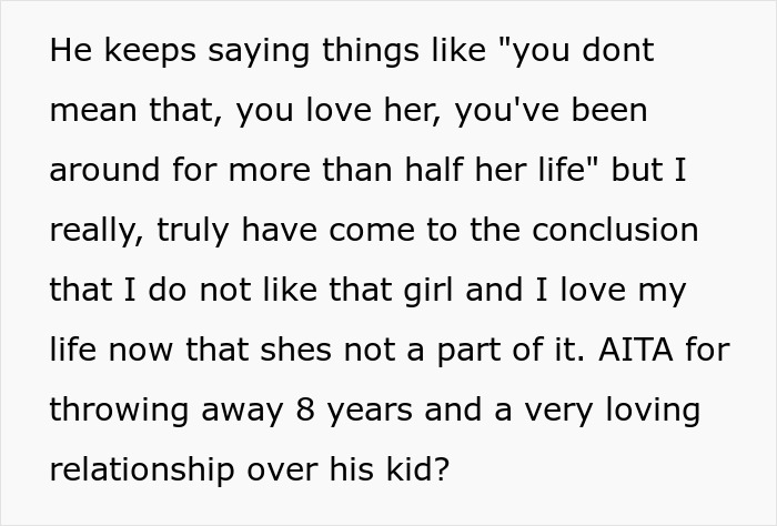 Text message discussing a woman not liking her fianc&eacute;&rsquo;s stepdaughter and ending their relationship after 8 years.