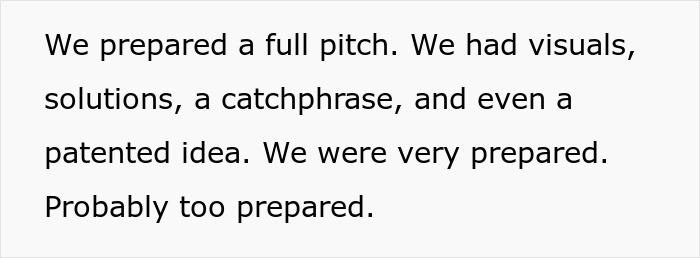 Text excerpt about a restaurant's prepared pitch including visuals, solutions, a catchphrase, and a patent idea. Text excerpt about a restaurant's prepared pitch including visuals, solutions, a catchphrase, and a patent idea.