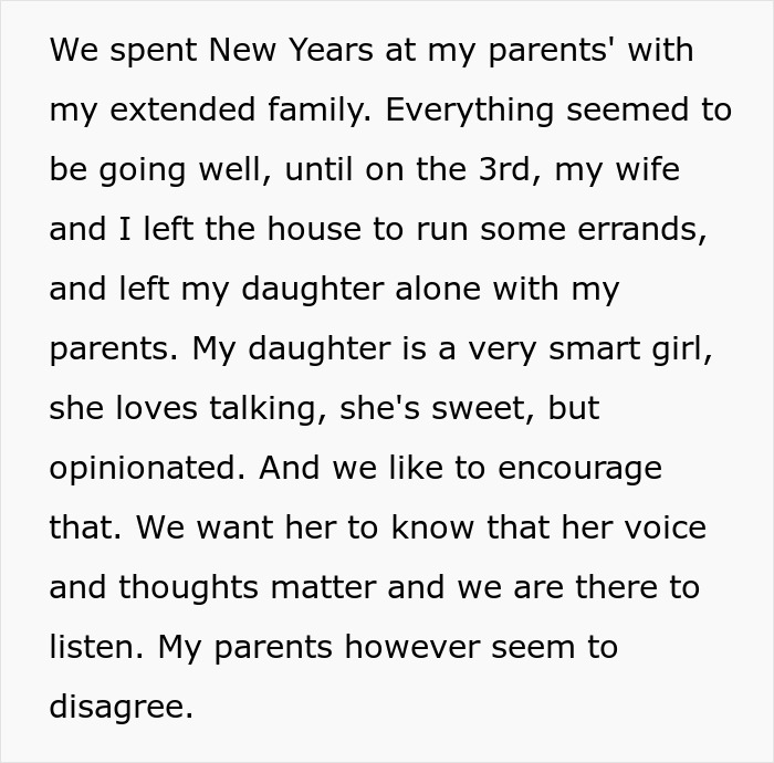 Text excerpt describing a family conflict where grandparents spank 3-year-old to teach a lesson, causing parents to ban visits. Text excerpt describing a family conflict where grandparents spank 3-year-old to teach a lesson, causing parents to ban visits.