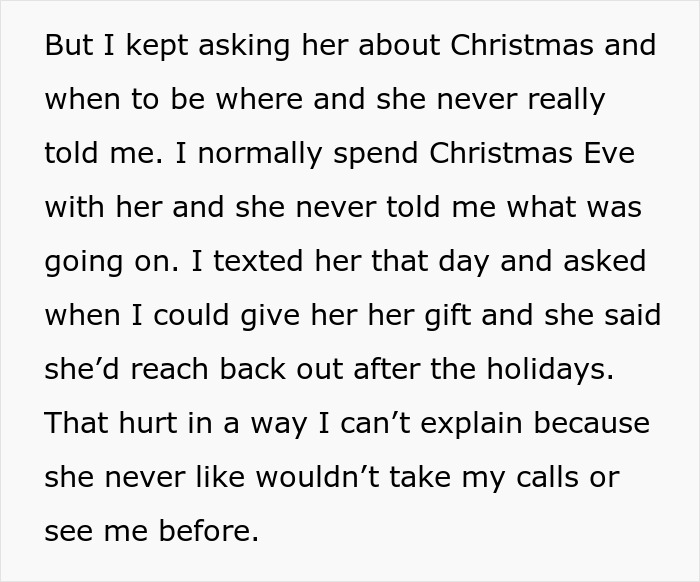Text excerpt from a story about a mom blaming her daughter for picking dad in the divorce and refusing involvement. Text excerpt from a story about a mom blaming her daughter for picking dad in the divorce and refusing involvement.