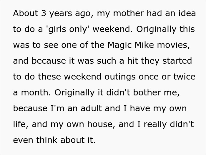 Text excerpt describing a guy feeling frustrated and immature after family excludes him from girls day outings.