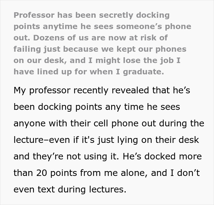 Students push back after professor enforces phone rule secretly, risking failing class over cell phone use in lectures.