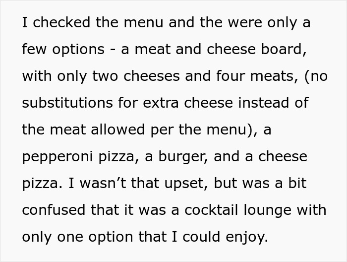 Text excerpt describing limited menu options at a cocktail lounge affecting a recovering alcoholic’s second date experience. Text excerpt describing limited menu options at a cocktail lounge affecting a recovering alcoholic’s second date experience.