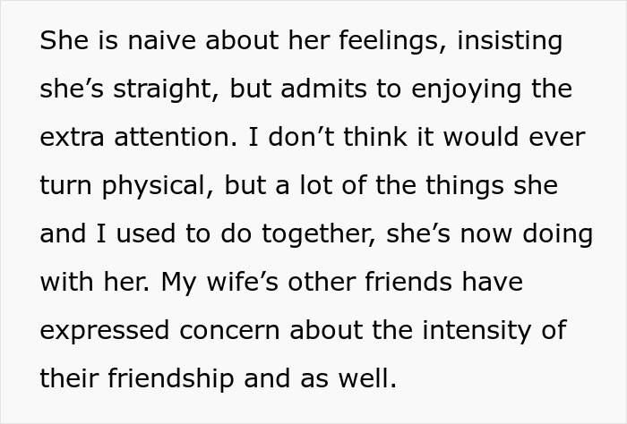Screenshot of paragraph about wife enjoying attention from lesbian bestie, husband and friends expressing concern