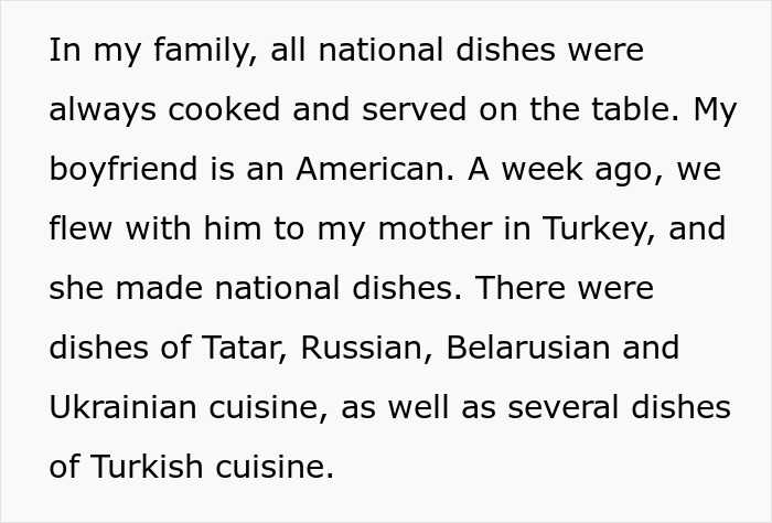 Text excerpt about family national dishes and different cuisines including Tatar, Russian, Belarusian, Ukrainian, and Turkish food.
