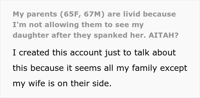 Text from a social media post about grandparents spanking a 3-year-old and parents banning them from seeing her. Text from a social media post about grandparents spanking a 3-year-old and parents banning them from seeing her.