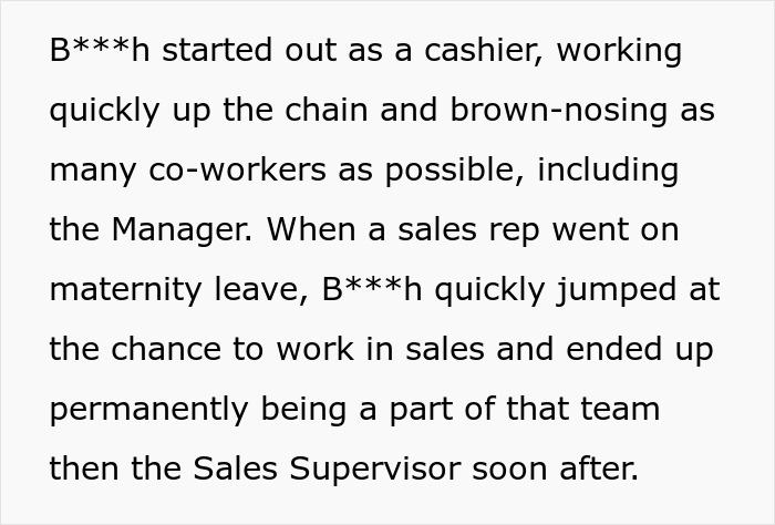 Text describing a coworker&rsquo;s rise from cashier to sales supervisor before the reckoning and revenge begins years later.