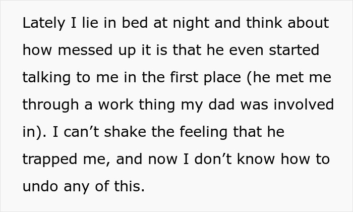 Text excerpt describing a 25YO mom feeling trapped by her 52YO partner after having his baby, seeking escape.