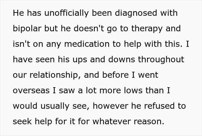 Text about a man with bipolar disorder refusing therapy or medication, showing relationship ups and downs.