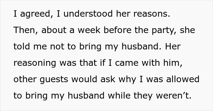 Text excerpt discussing a woman banning her best friend&rsquo;s baby and husband from an engagement party, causing conflict.