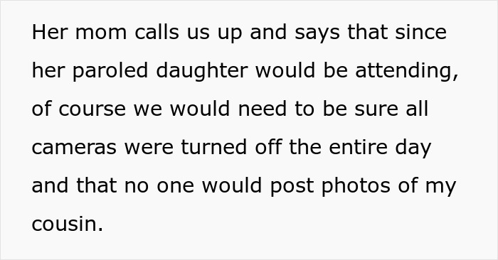 Text about a mom requesting cameras to be off and no photos posted due to a paroled family member attending.