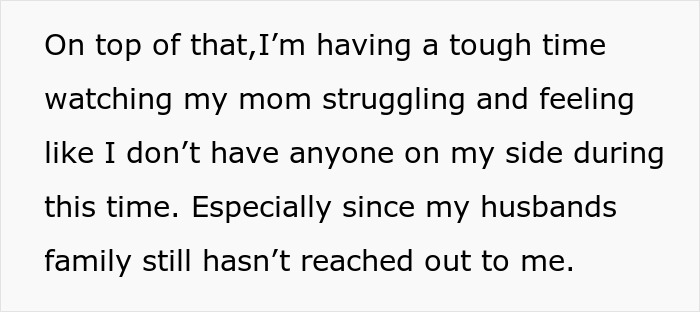 Text excerpt showing a wife struggling with her husband’s family’s rudeness and feeling unsupported during a tough time.