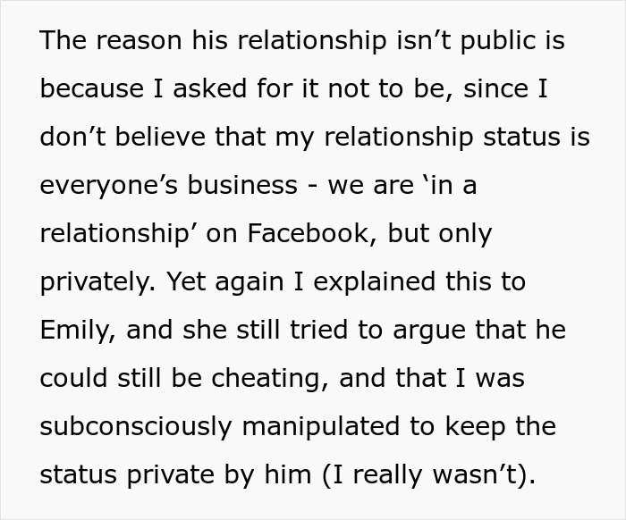 Text excerpt about a woman discussing relationship privacy and accusations of cheating by a friend trying to manipulate her.