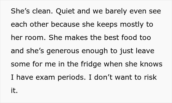 Text excerpt describing a clean, quiet roommate who shares food during exam periods, highlighting roommate experiences. Text excerpt describing a clean, quiet roommate who shares food during exam periods, highlighting roommate experiences.