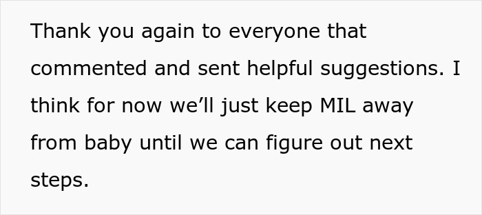 Text excerpt about MIL refusing baby name, discussing keeping MIL away until next steps are decided.