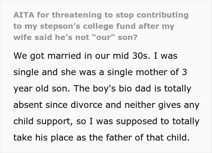 Text discussing family conflicts about stepson college money and financial responsibilities after marriage. Text discussing family conflicts about stepson college money and financial responsibilities after marriage.