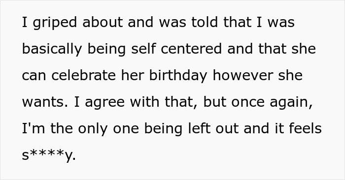 Text showing a guy expressing frustration about being left out and feeling immature after family excludes him from girl days.