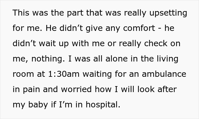 Person alone at 1:30am in pain waiting for ambulance, feeling upset about partner sleep and lack of support. Person alone at 1:30am in pain waiting for ambulance, feeling upset about partner sleep and lack of support.