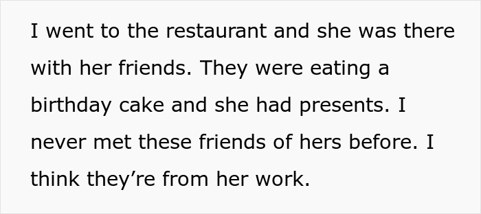 Wife mopes at birthday party in restaurant, friends eat cake and open presents while husband watches, tense scene