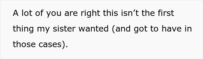 Text on a plain background stating a response about a sister’s past Christmas wishes and desires. Text on a plain background stating a response about a sister’s past Christmas wishes and desires.