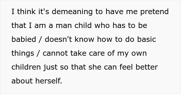 Guy embarrasses wife: screenshot of a text post saying it's demeaning to pretend to be a man child Guy embarrasses wife: screenshot of a text post saying it's demeaning to pretend to be a man child