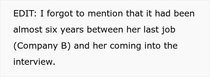 Text on screen explaining a six-year gap between jobs, related to revenge on coworker who got him fired.