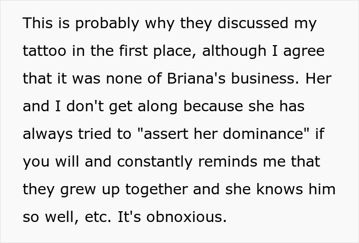 Text excerpt discussing conflict over a fiancée’s tattoo designed by her ex and influence of a jealous friend. Text excerpt discussing conflict over a fiancée’s tattoo designed by her ex and influence of a jealous friend.