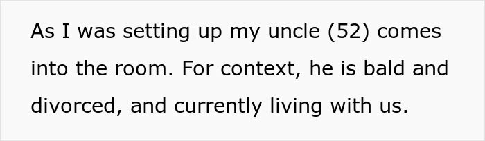 Text excerpt describing a bald and divorced man entering a room while living with family. Text excerpt describing a bald and divorced man entering a room while living with family.