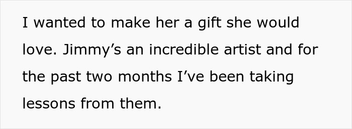 Wife mopes at b-day party: white text block about making a gift and taking art lessons