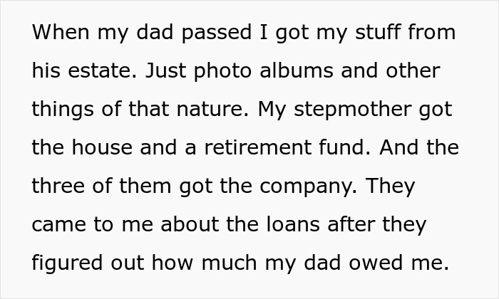 Text excerpt about emptying father’s estate including photos, loans, and inheritance of house, retirement fund, and company. Text excerpt about emptying father’s estate including photos, loans, and inheritance of house, retirement fund, and company.