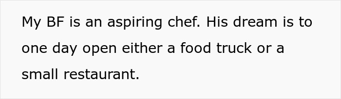 Text about a woman matching relationship energy with her boyfriend who is an aspiring chef dreaming of opening a food truck.