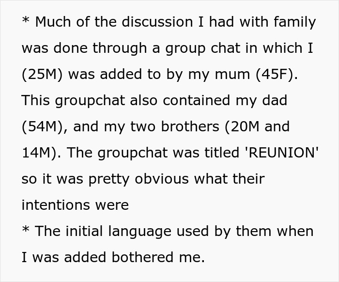 Text excerpt from a family group chat about forgiving a man for beating his brother five years ago and their tone.