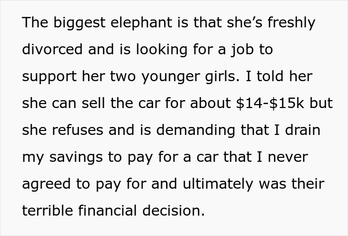Text discussing a teen’s first car becoming a debt trap set by mom, with demands to repay an unwanted loan. Text discussing a teen’s first car becoming a debt trap set by mom, with demands to repay an unwanted loan.