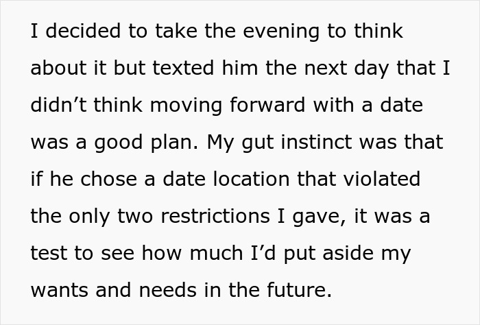 Text discussing a recovering alcoholic deciding not to continue a date planned around bars, prioritizing personal boundaries. Text discussing a recovering alcoholic deciding not to continue a date planned around bars, prioritizing personal boundaries.