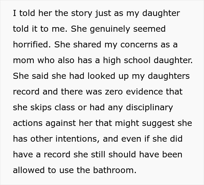 Text excerpt discussing a mom's concerns after a teacher ignores her daughter's emergency at school. Text excerpt discussing a mom's concerns after a teacher ignores her daughter's emergency at school.