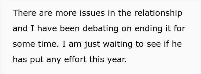 Text on white background discussing relationship issues and waiting to see if boyfriend shows effort this year, reflecting woman match relationship energy.