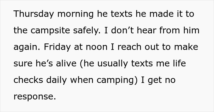 Text message about husband&rsquo;s camping trip with bro, wife concerned after no replies or life check texts.