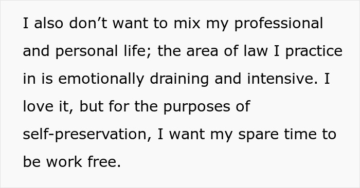 Text describing a woman refusing to risk her new career by mixing professional life with friends needing free advice.