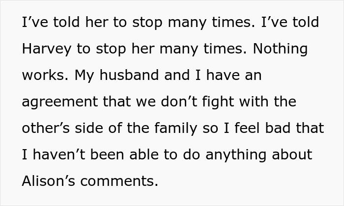 Text excerpt about a lady repeatedly insulting her sister-in-law’s husband and feeling frustrated but staying silent.